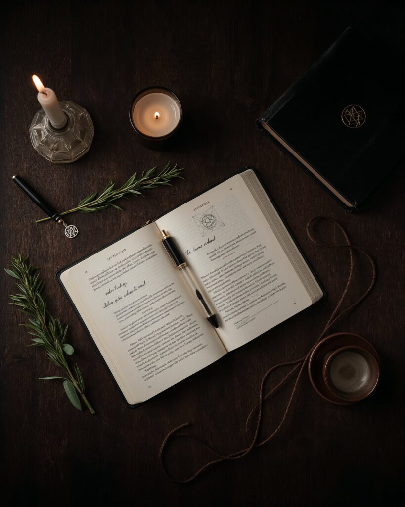 A dark wood desk with an open journal, lit candles, sprigs of rosemary, and a coiled cord